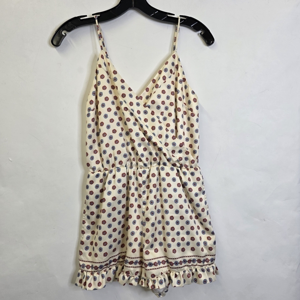 Tularosa Satin floral print ruffled spaghetti straps Romper